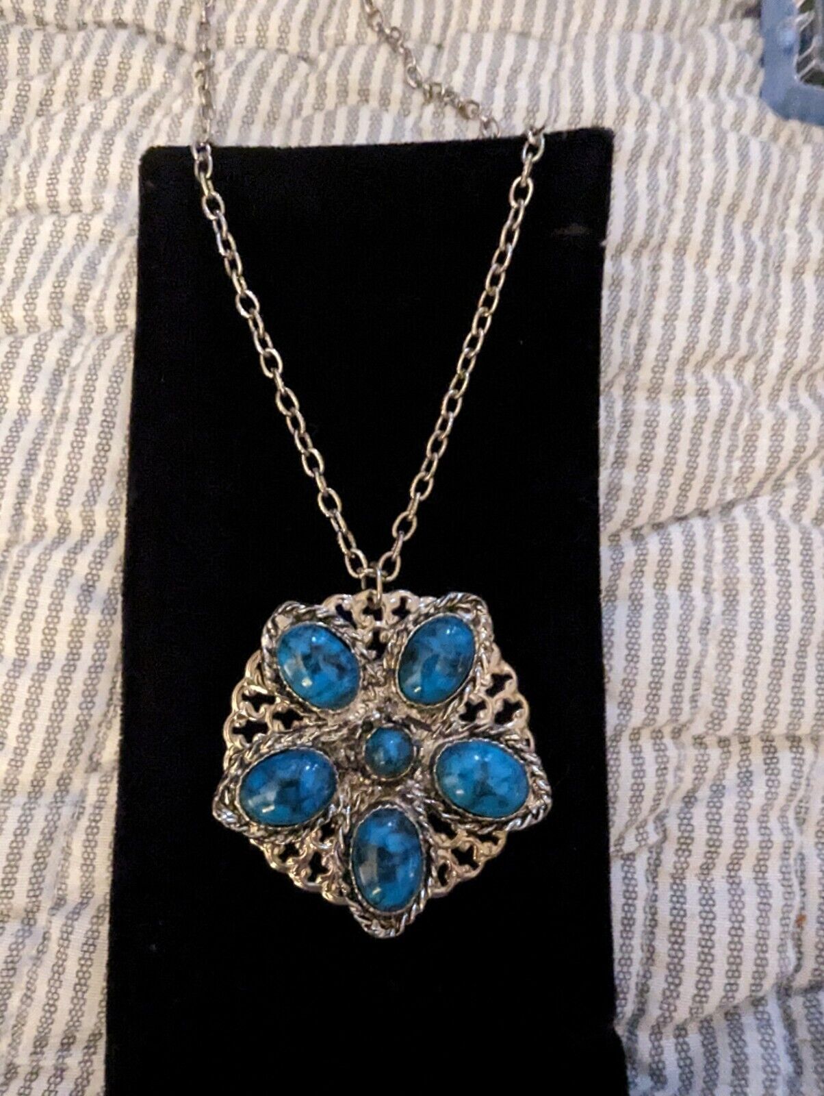 Southwestern Silvertone Blue Acrylic Pendant Necklace