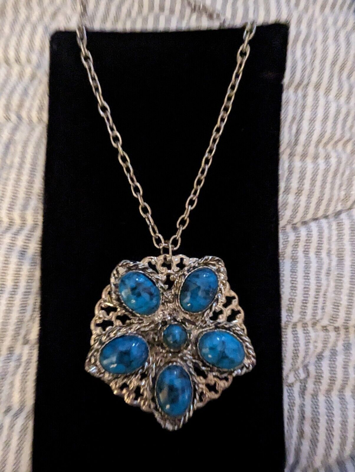 Southwestern Silvertone Blue Acrylic Pendant Necklace