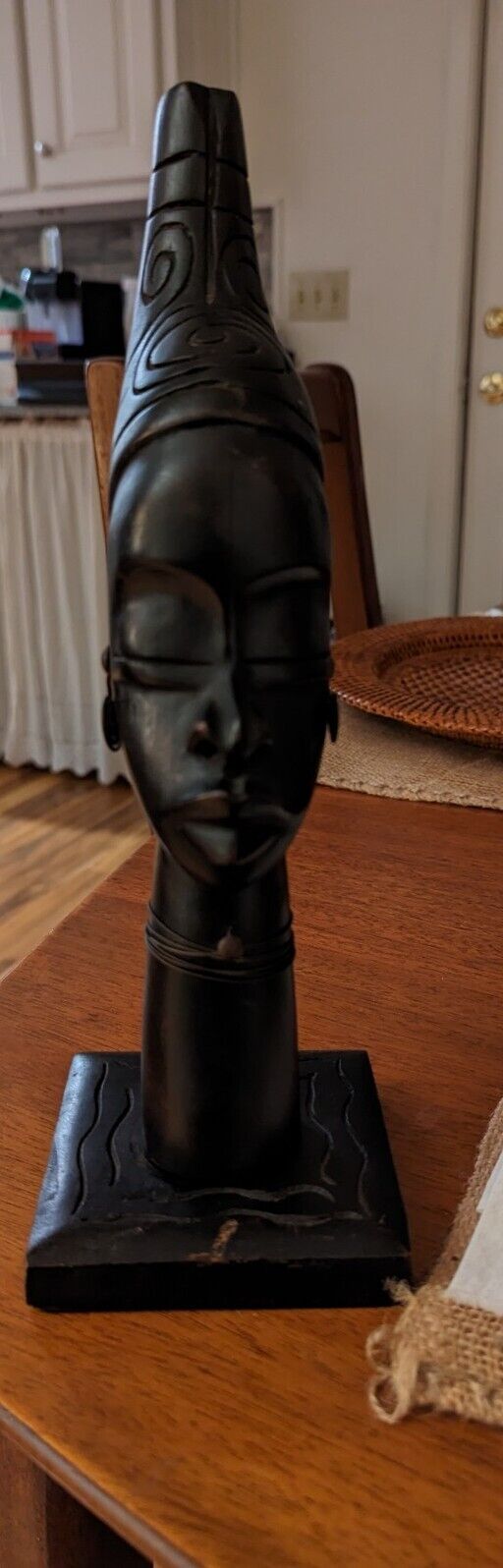 Vintage 80s Wooden Wood Carved African Beauty With Metallic Earings 9" tall