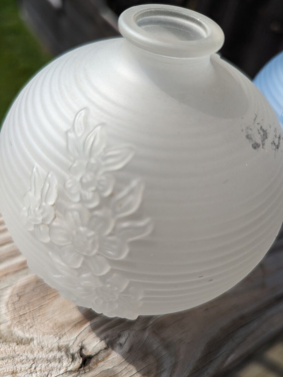 Two Avon Blue & White Frosted  Round  Bud Vases with Embossed Flower Design