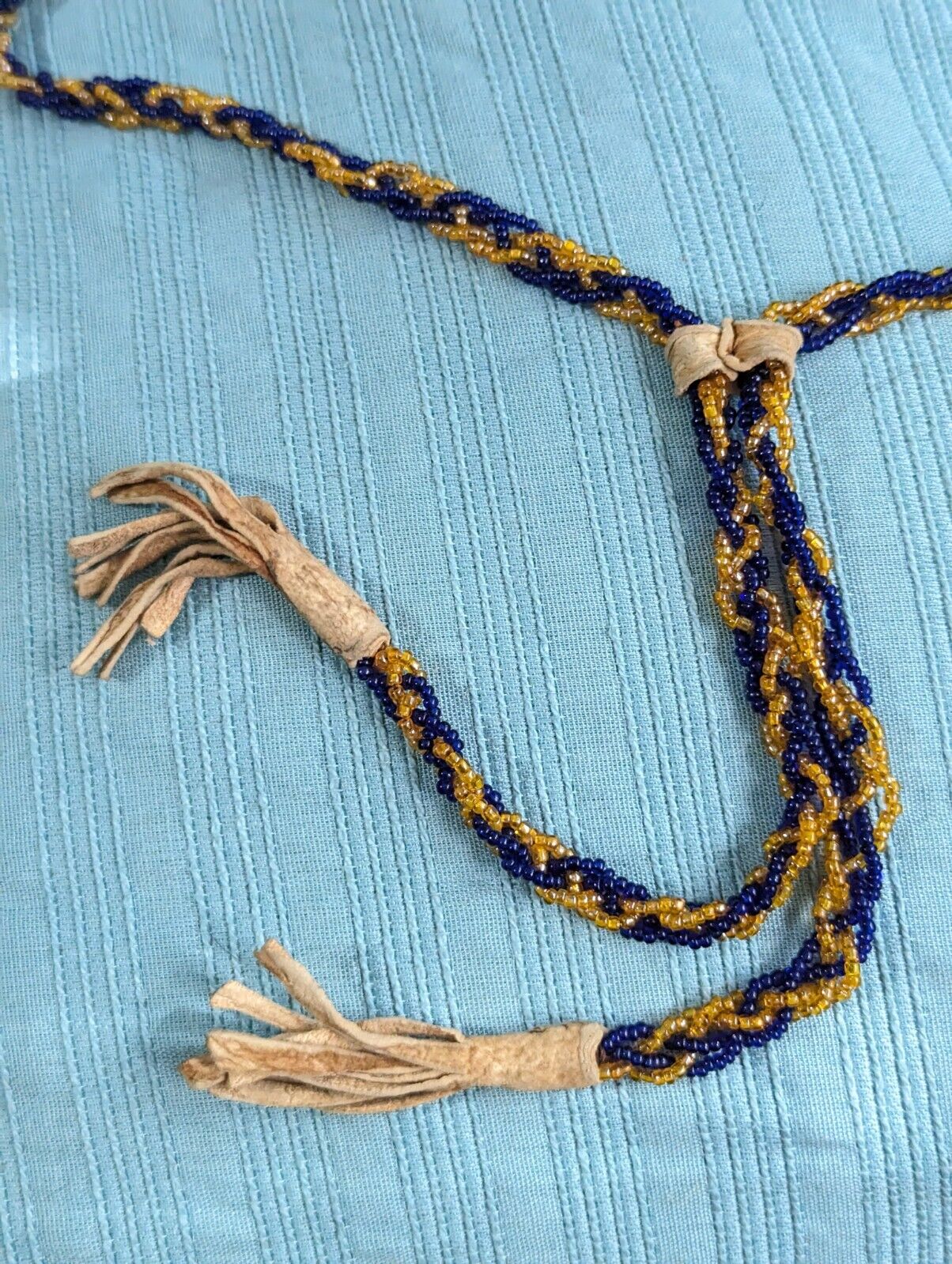 Vntg 1940s Native American Navy/Gold Tone Beaded Lariat Necklace Leather Bound