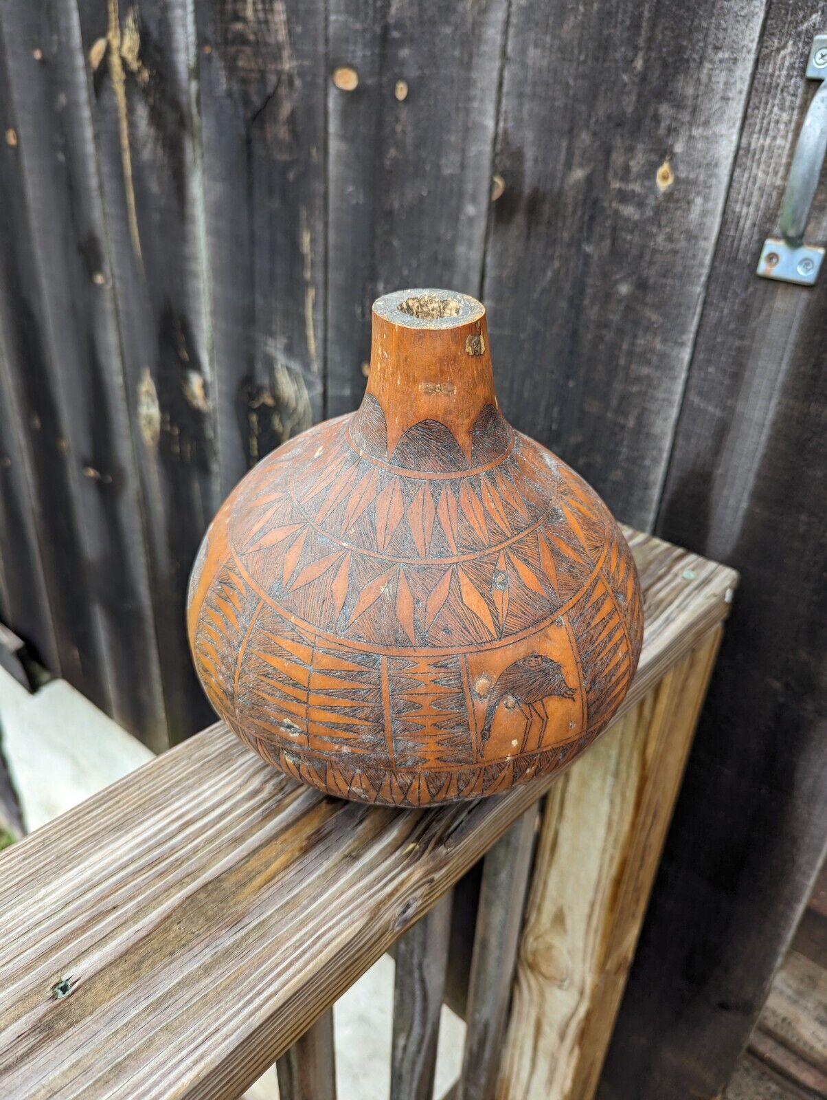 African Gourd Hand Carved  Folk Art About 10" Elephants & Rhinos Made in Kenya