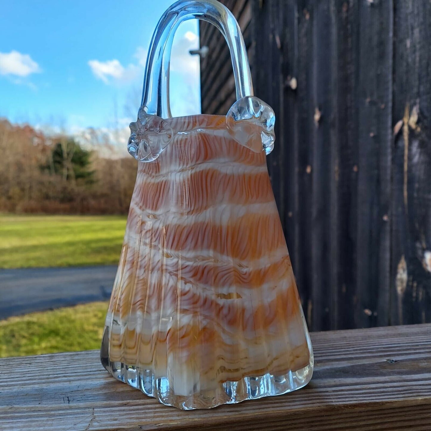 Vintage Hand Blown Glass Purse Shaped Vase Planter Pink & White