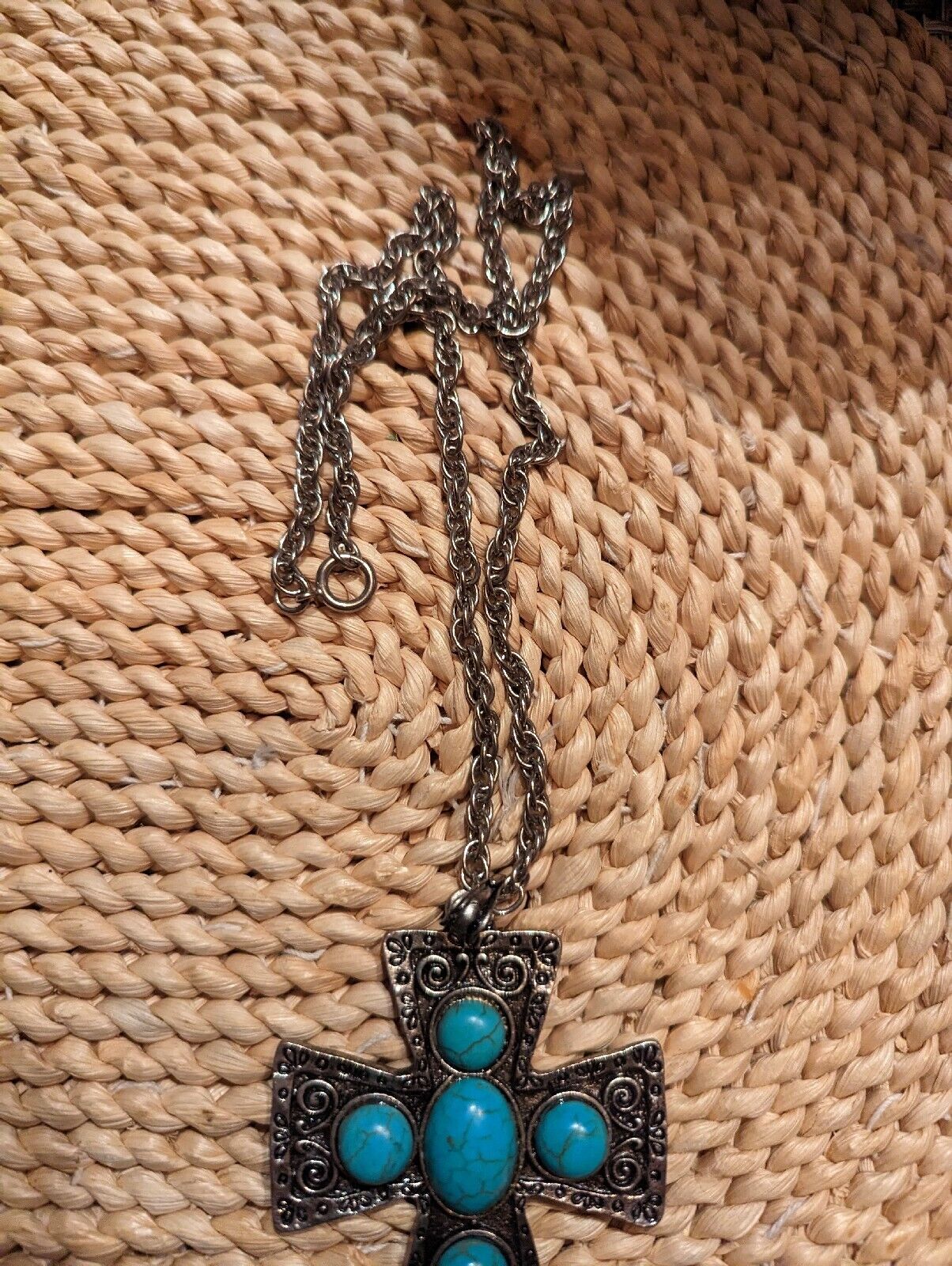 Vintage Large SouthWestern Style Turquoise Over Silver Tone Cross And 22" Chain