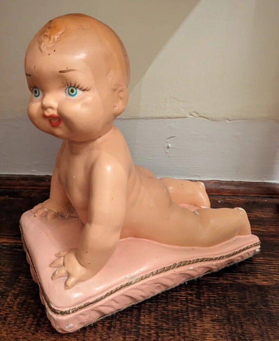 True Vintage 50s Chalkware Piano Baby - Poured Painted plaster baby girl Rare