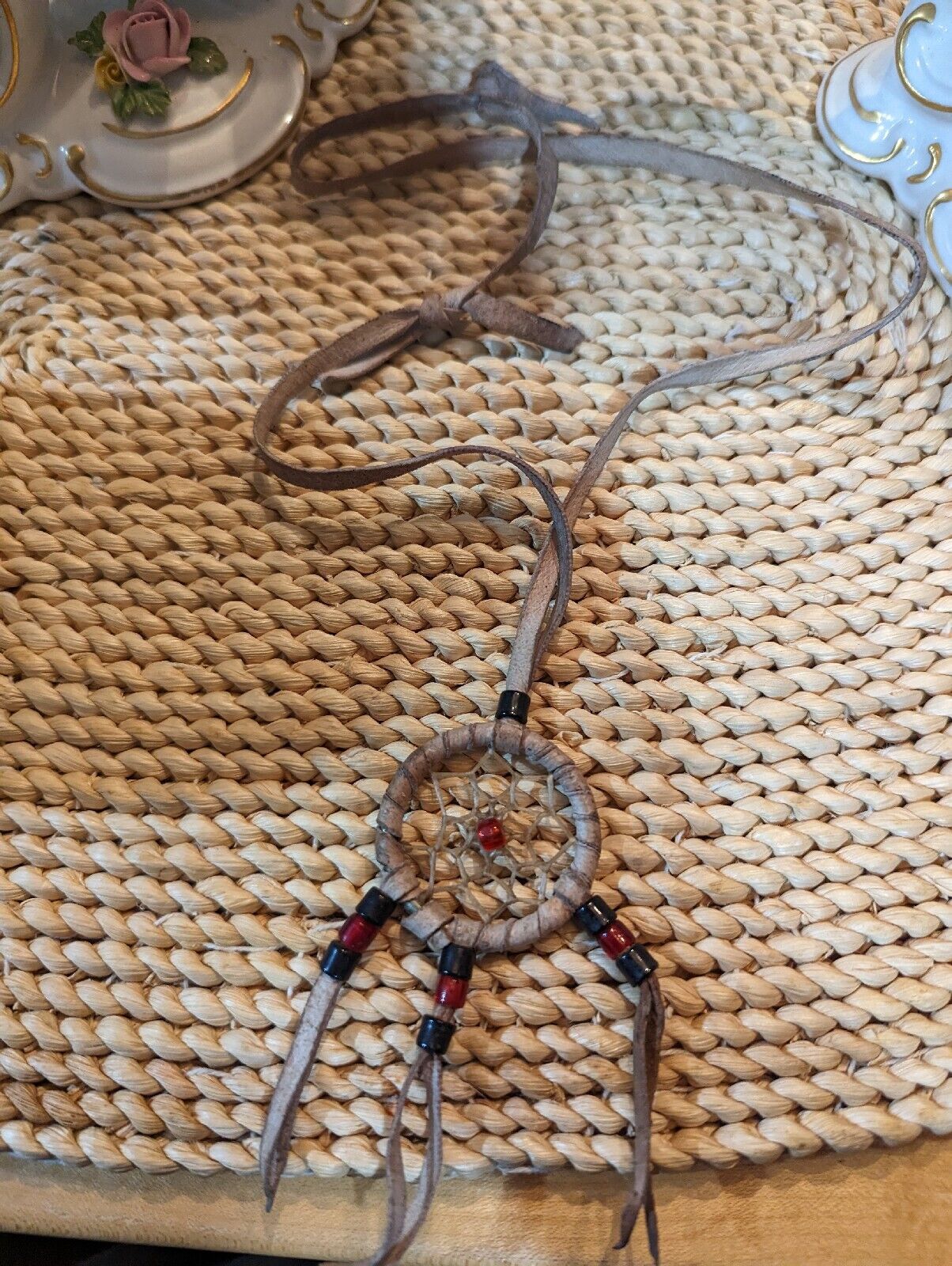 Leather Straps And Beads Genuine Medicine Wheel Dream Catcher Necklace