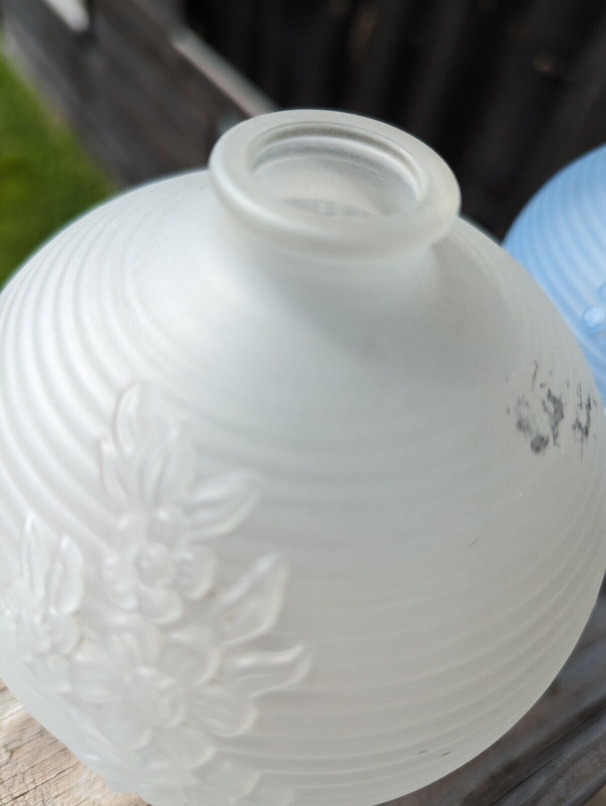 Two Avon Blue & White Frosted  Round  Bud Vases with Embossed Flower Design