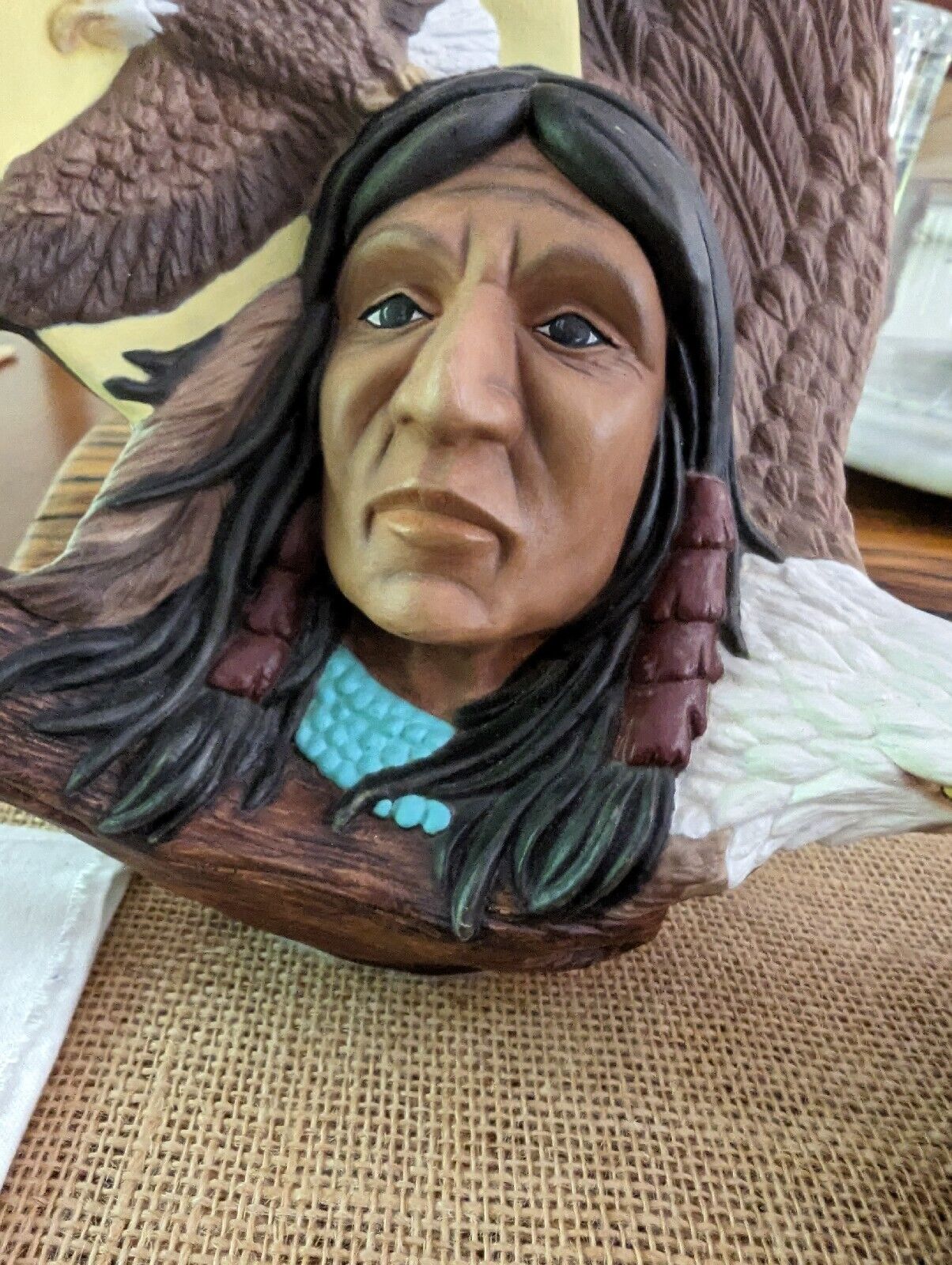 Vintage Native American Ceramic Brave Leader Figure with  Eagles, hand painted