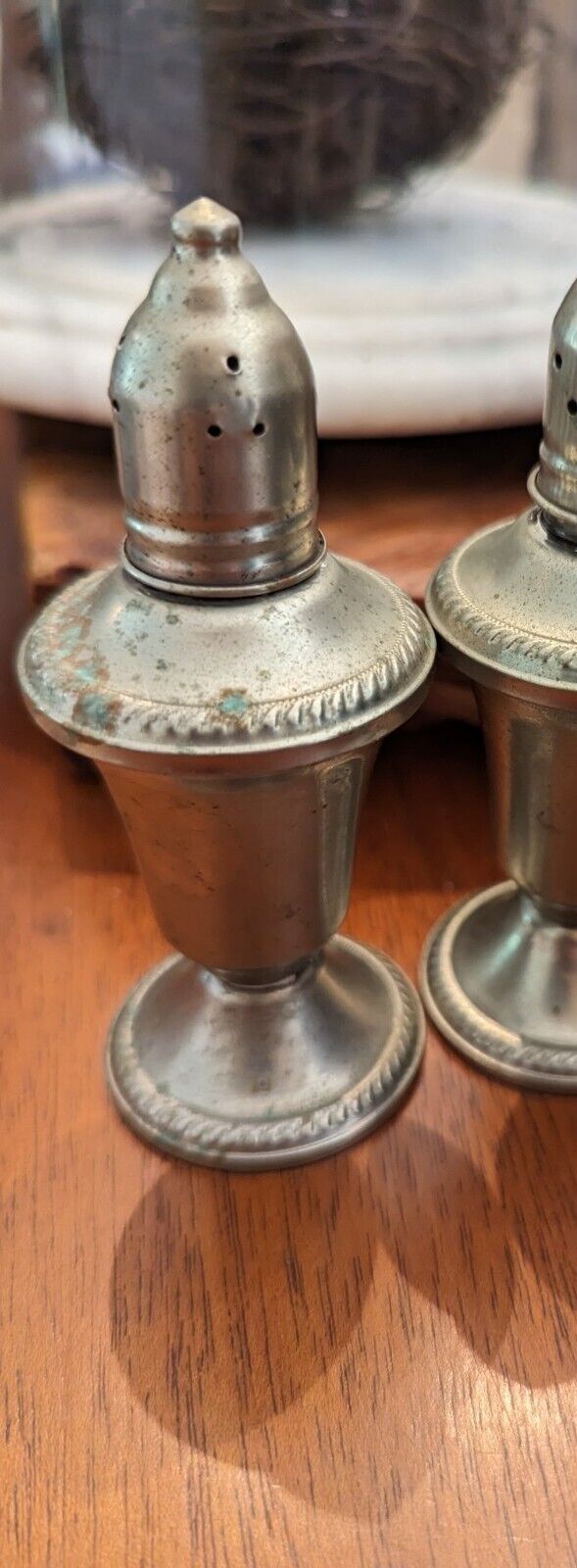 Vintage Metal Glass Set Salt Pepper Shakers Mid Century Plated