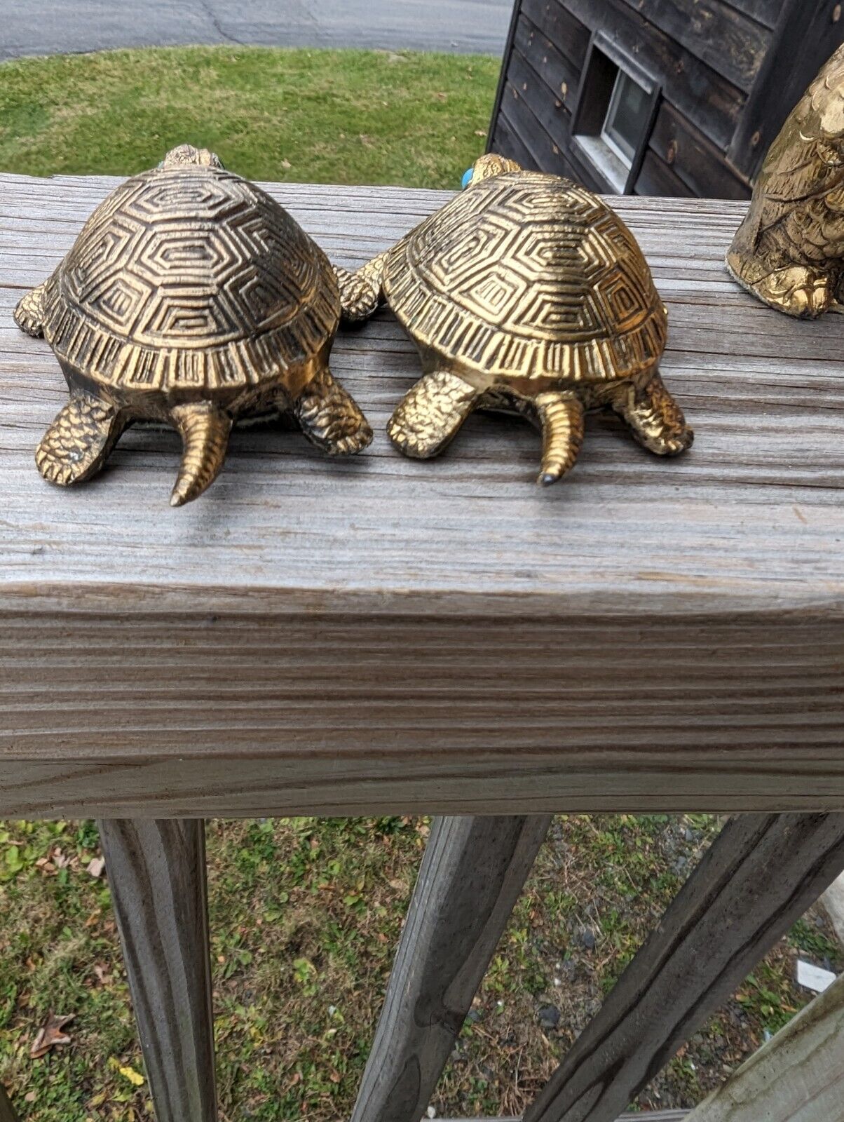 Vintage Holiday Fair Co 1971 Two Turquoise Eyed Brass Turtles Figurines Japan