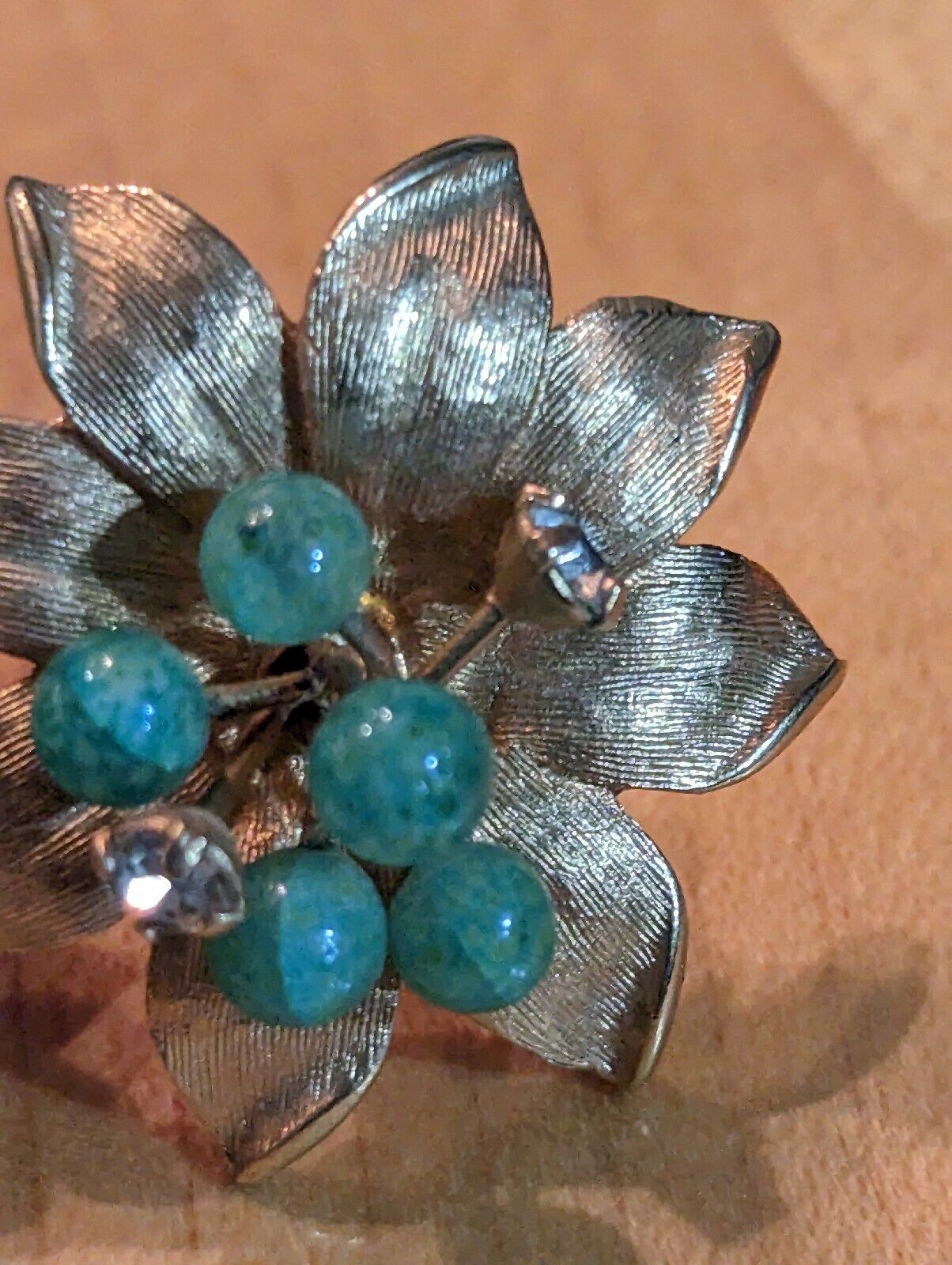 Vintage Clip On Earrings Golden Petals And Green And Clear Crystals