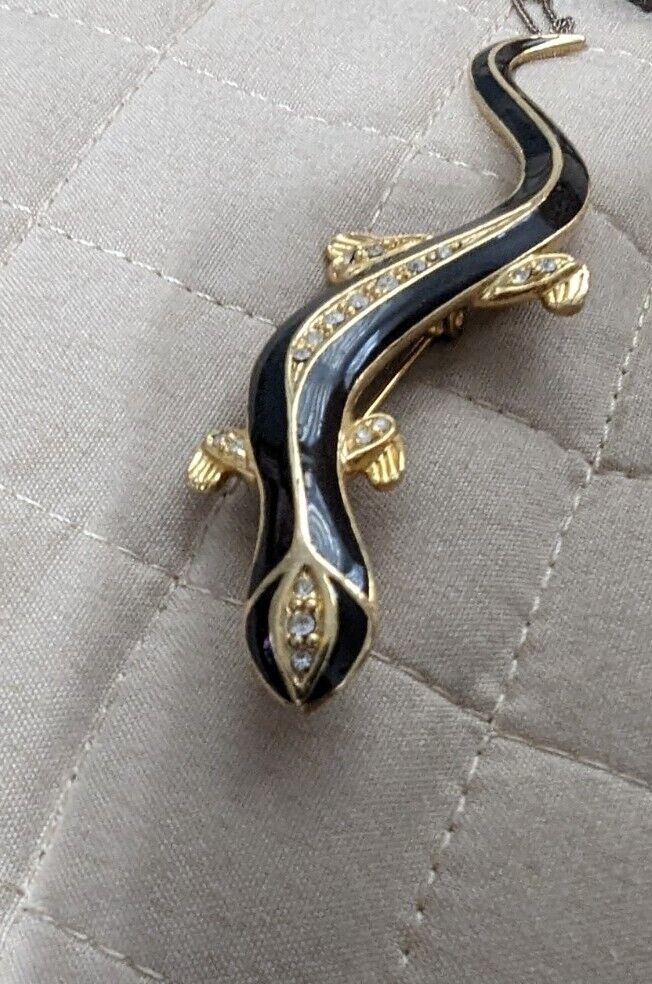 Gold Tone Black Enamel Crystal Rhinestone Salamander Brooch Pin 2.65 In.