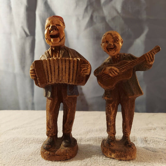 2 Vintage 1940s Syroco Wood Bald Men with Guitar and Accordion Figurines 6" Tall