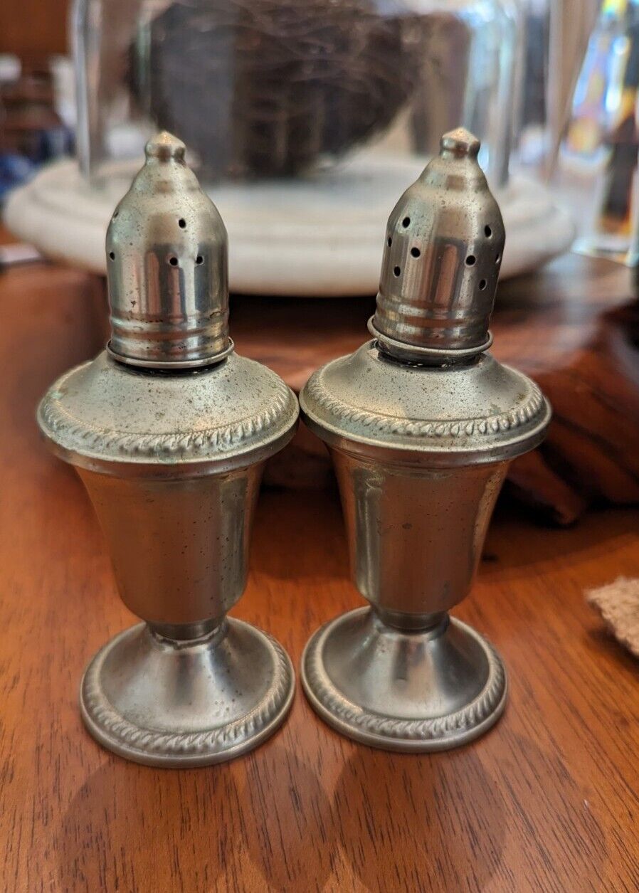 Vintage Metal Glass Set Salt Pepper Shakers Mid Century Plated