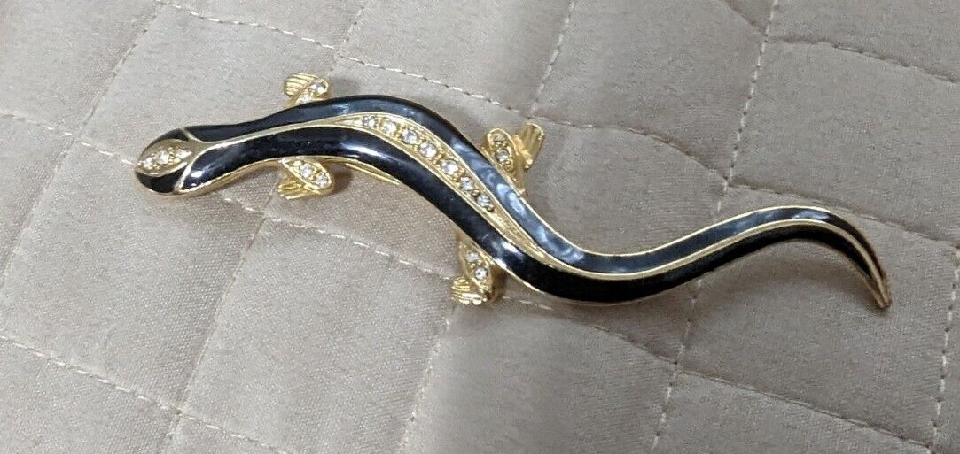 Gold Tone Black Enamel Crystal Rhinestone Salamander Brooch Pin 2.65 In.