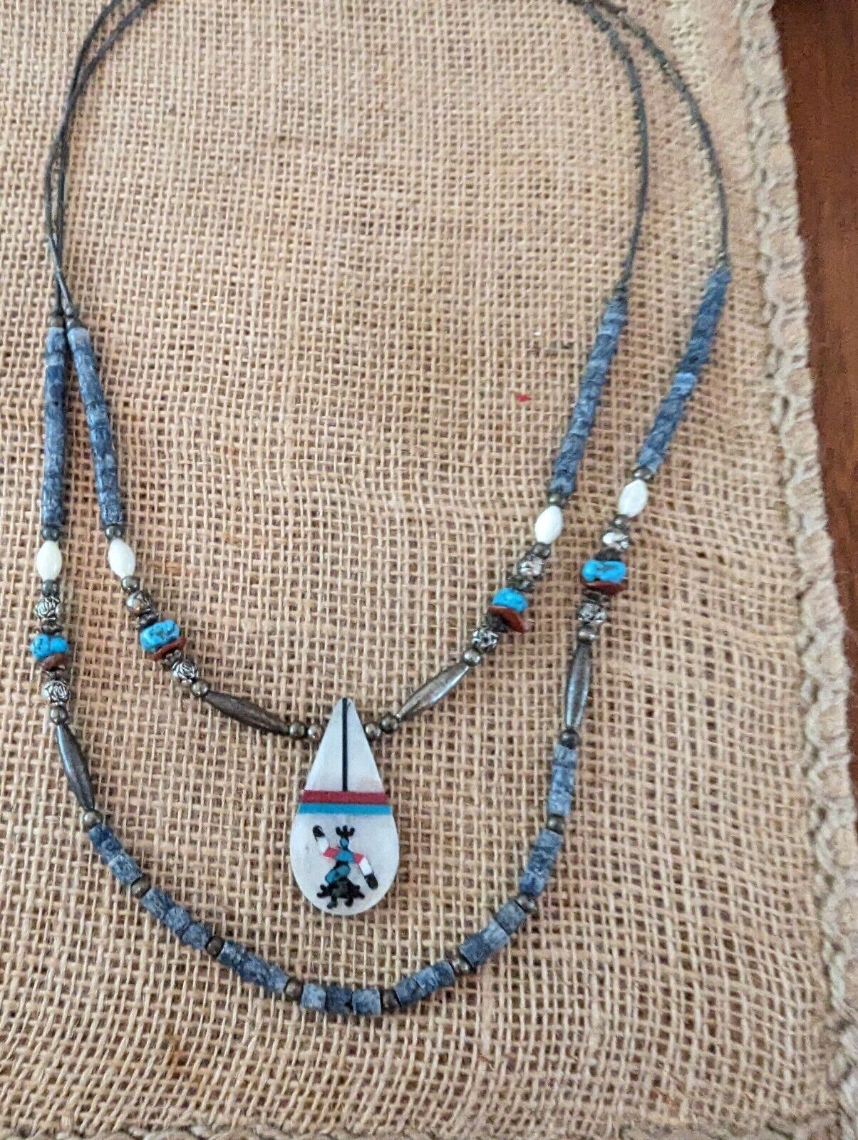 Santo Domingo Pueblo Navajo Inlay Coral Shell Turquoise Kachina 2 Layer Necklace