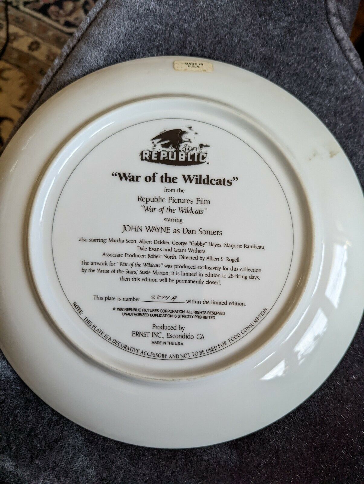 John Wayne WAR OF THE WILDCATS Plate 1992