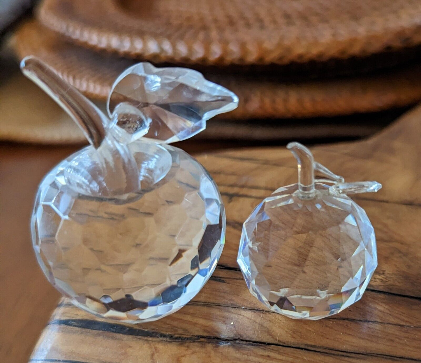 Two Faceted Crystal Glass Apple Figurines