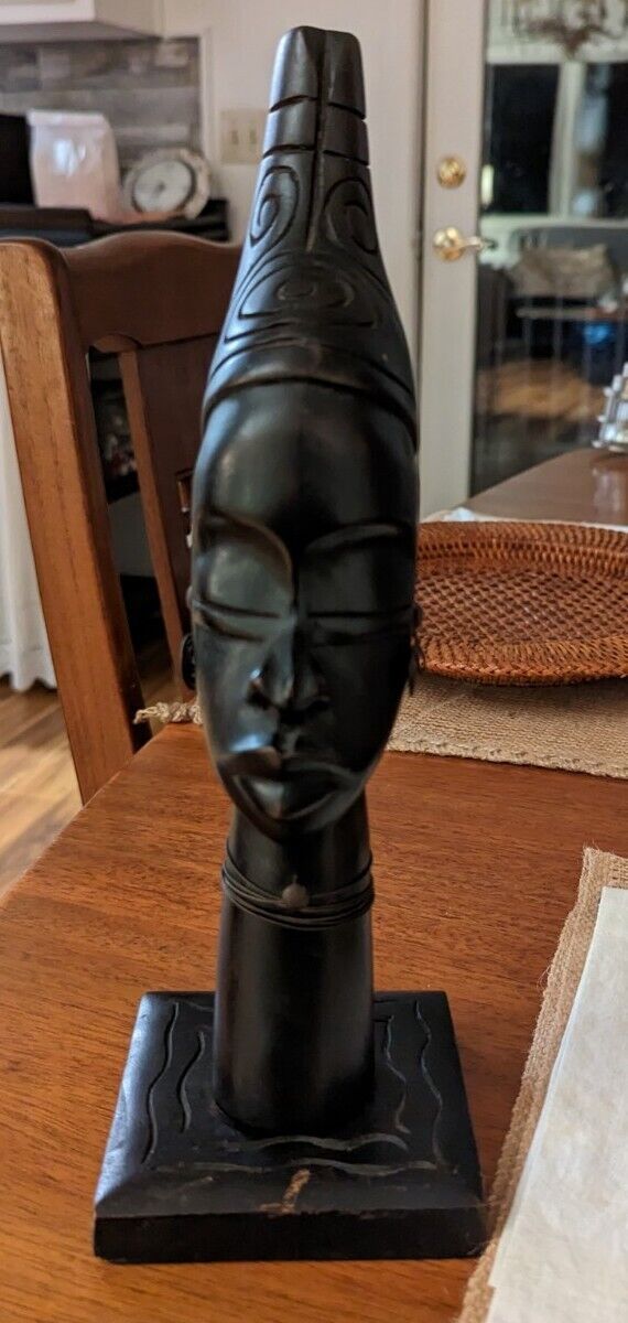 Vintage 80s Wooden Wood Carved African Beauty With Metallic Earings 9" tall