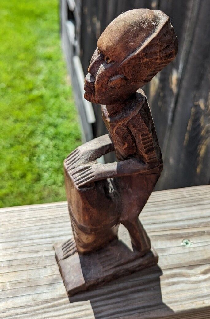 Vintage Hand Carved Wood Man On Drums African Tribal Folk Art Statues Figurine