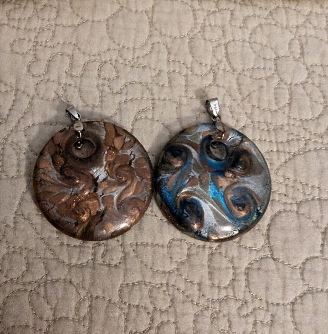 Two 18k GP Round Swirl Glass 2" Diameter Pendants