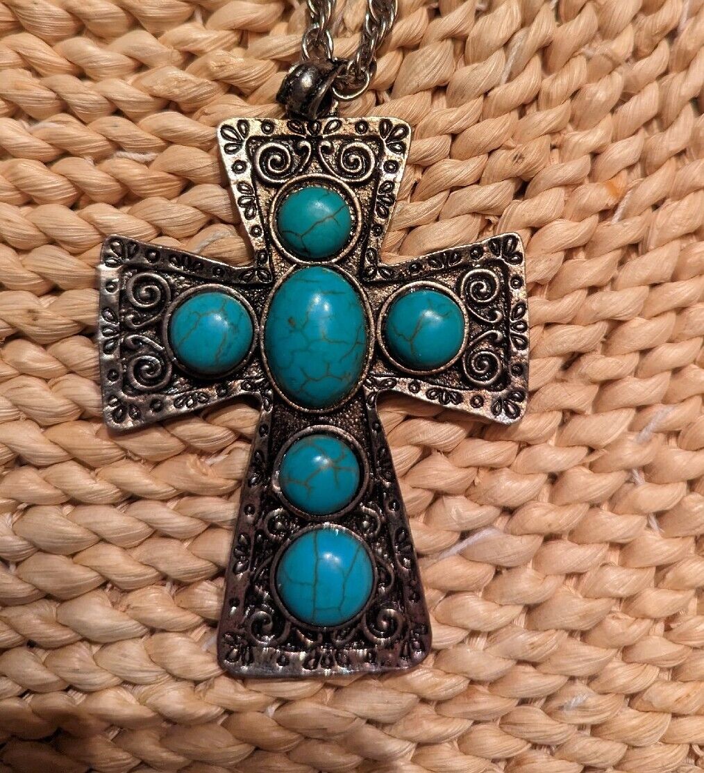 Vintage Large SouthWestern Style Turquoise Over Silver Tone Cross And 22" Chain