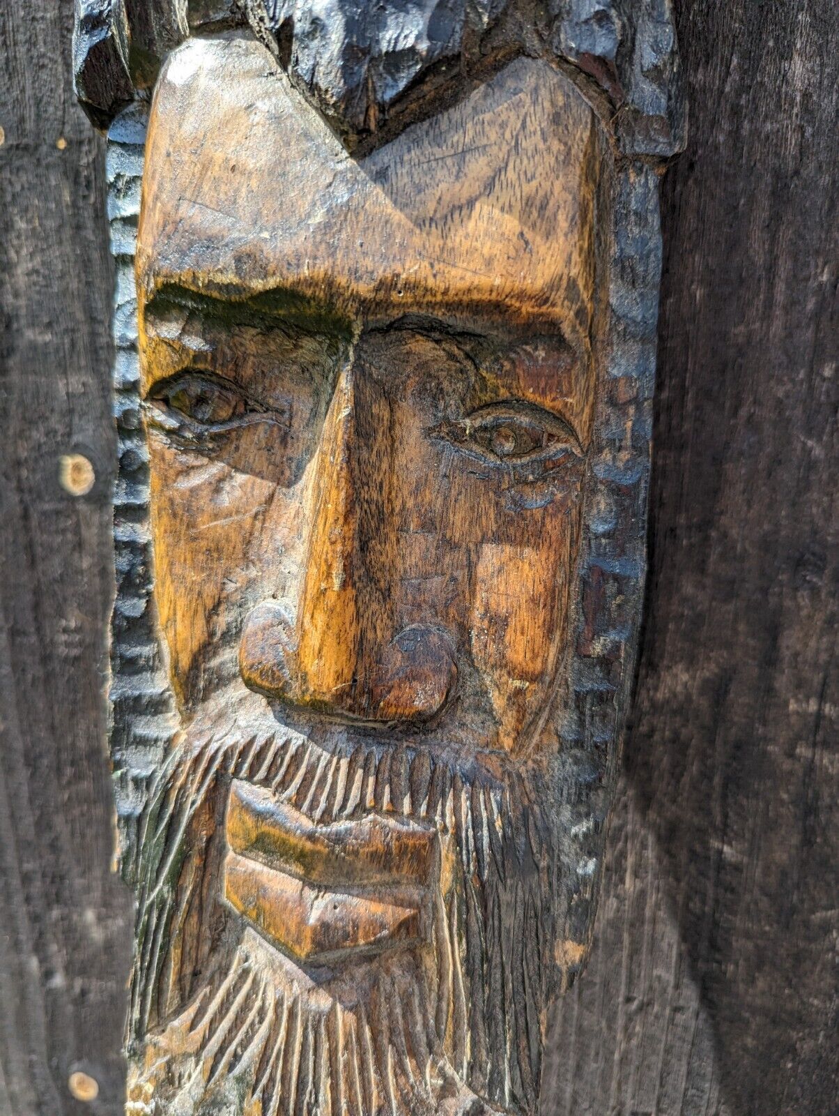 Slender Elongated Primitive Bearded Real Wood Carved Man Mask Wall Hanging 2 Ft