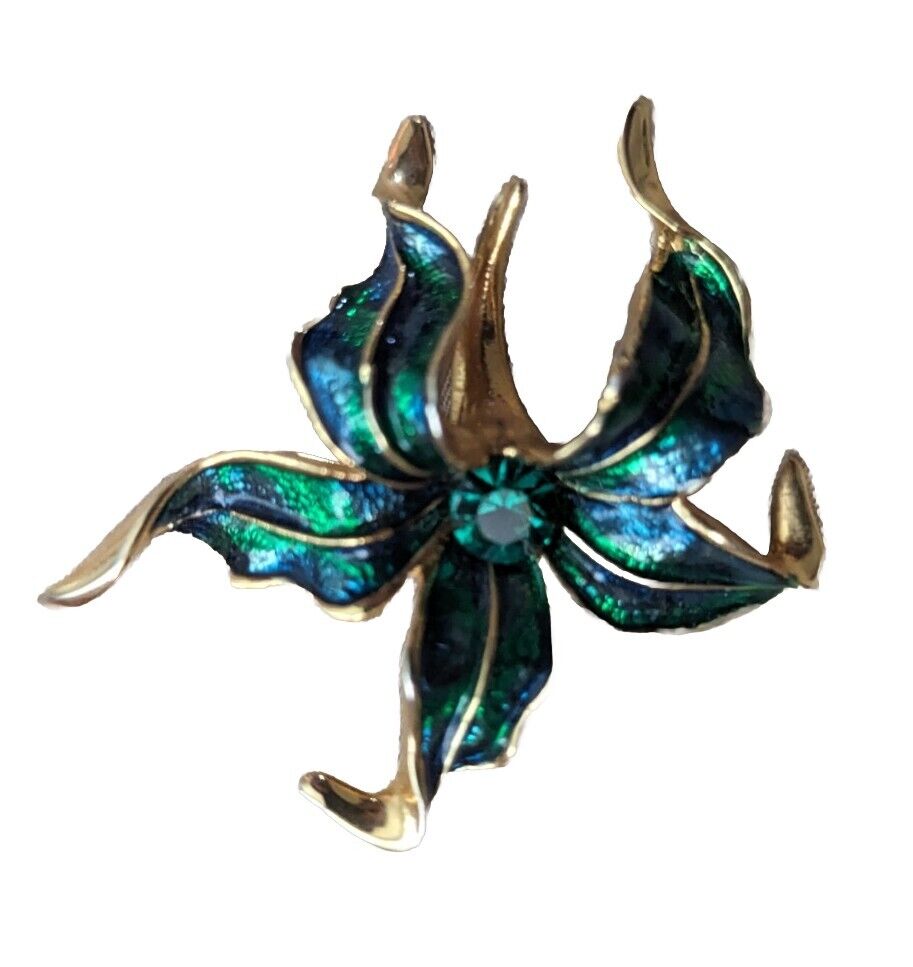 Enamel Goldstone Lily Brooch With Green Stone Jewel toned