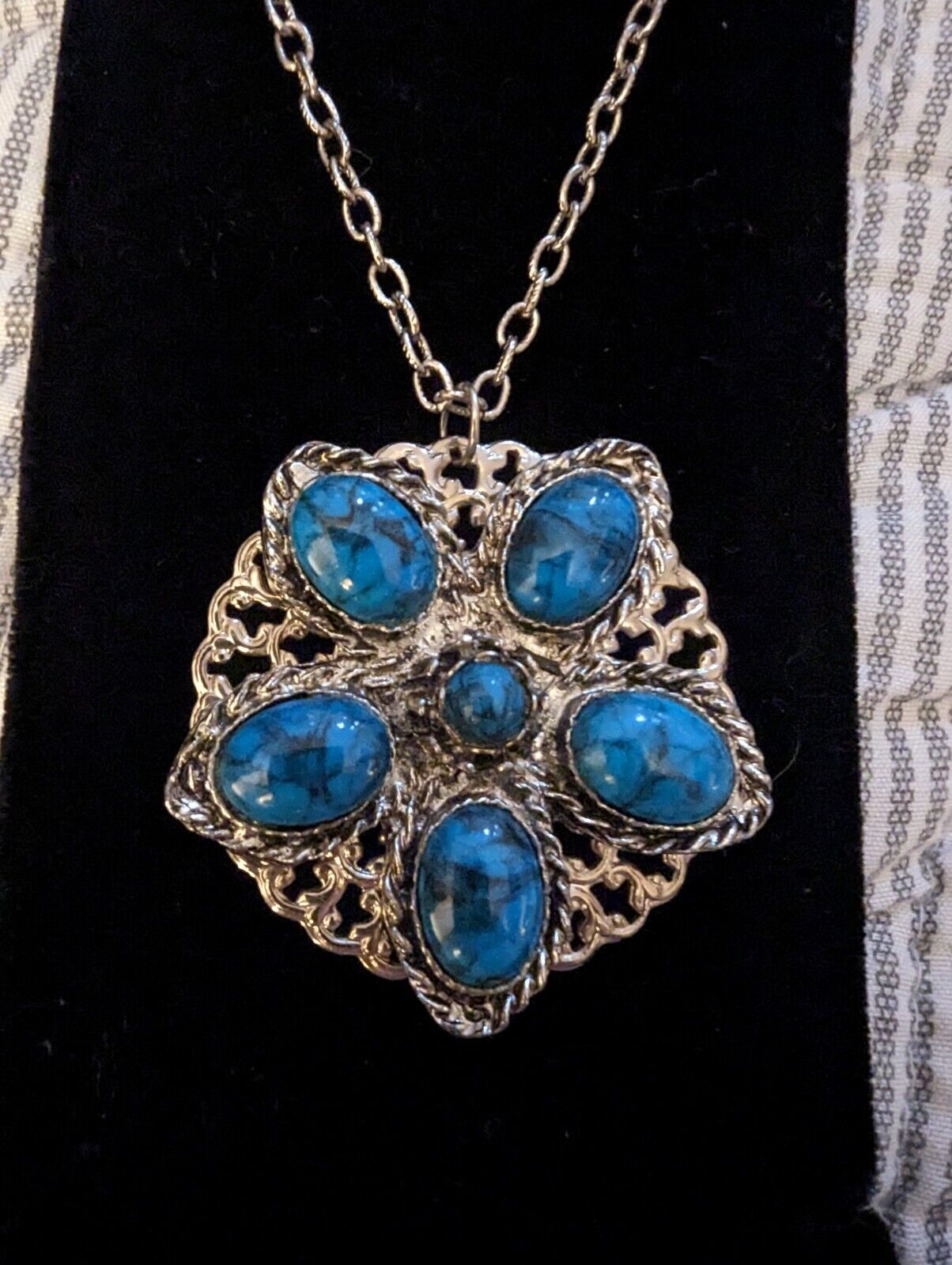 Southwestern Silvertone Blue Acrylic Pendant Necklace