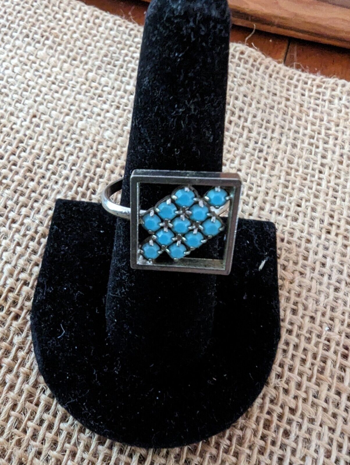 Unique Square Silver Tone And Turquoise Ring Size 8