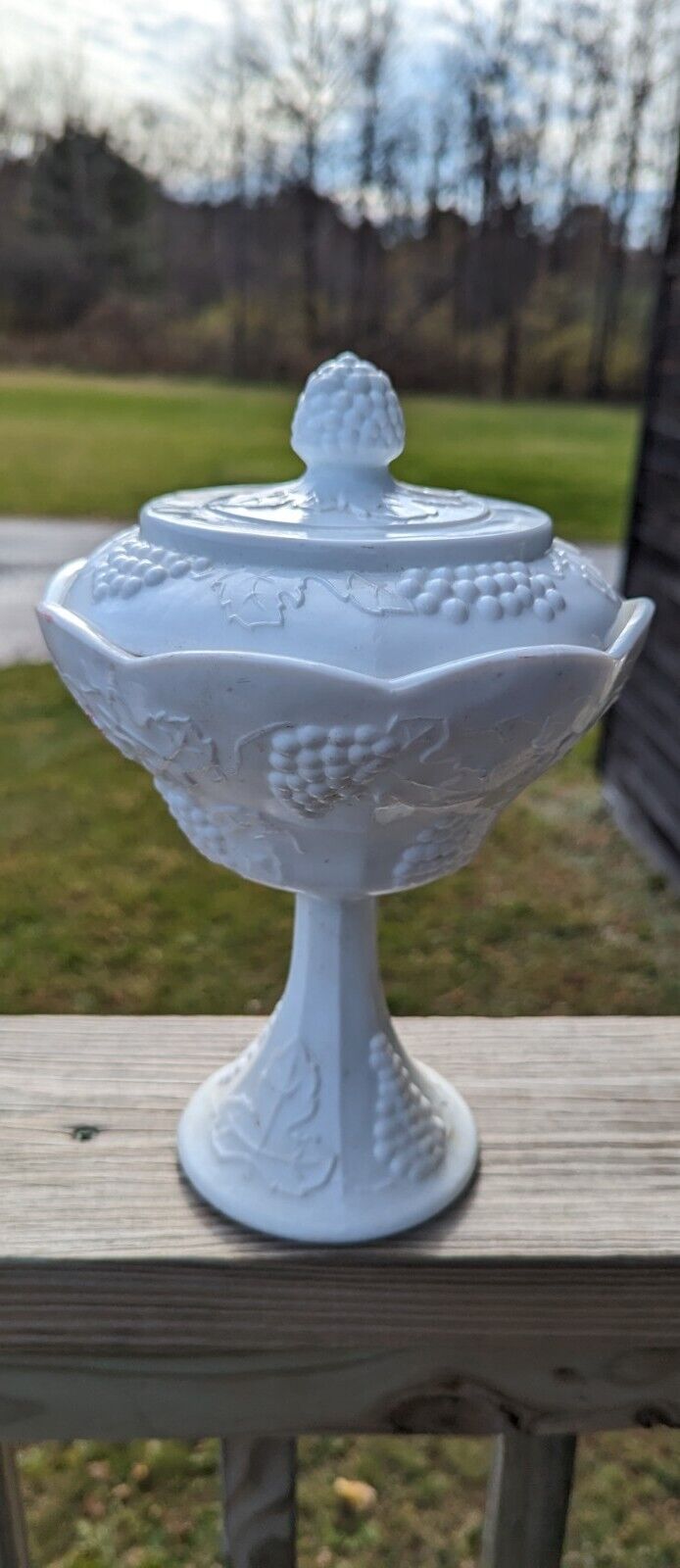 Vintage Indiana White Milk Glass Grape Harvest Pedestal Covered Candy Dish & Lid