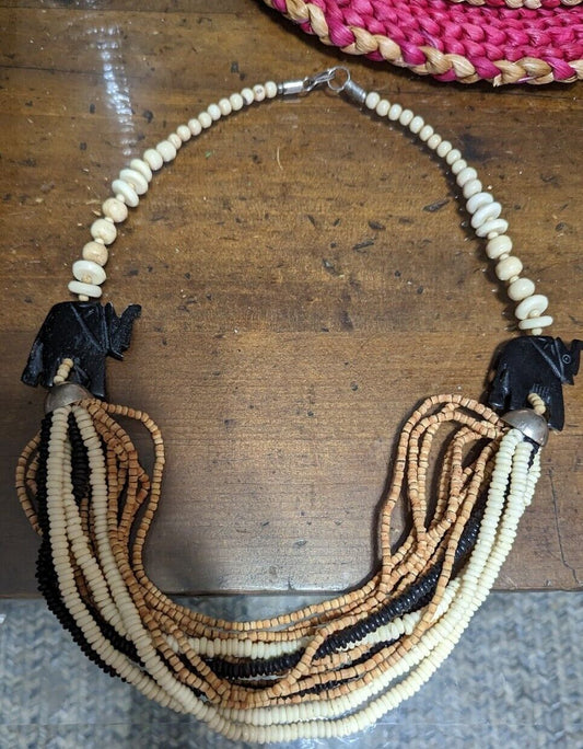 BoHo African carved elephant & wood bead Multi Strand Beaded Necklace 24”