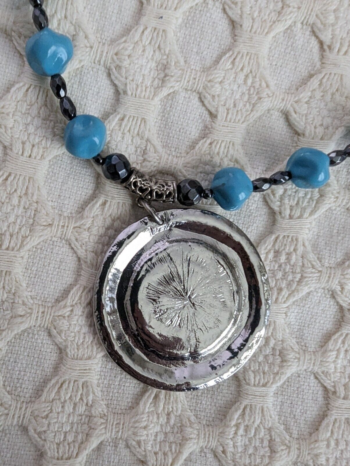 Large Faux Turquoise And Silver Tone Pendant Necklace