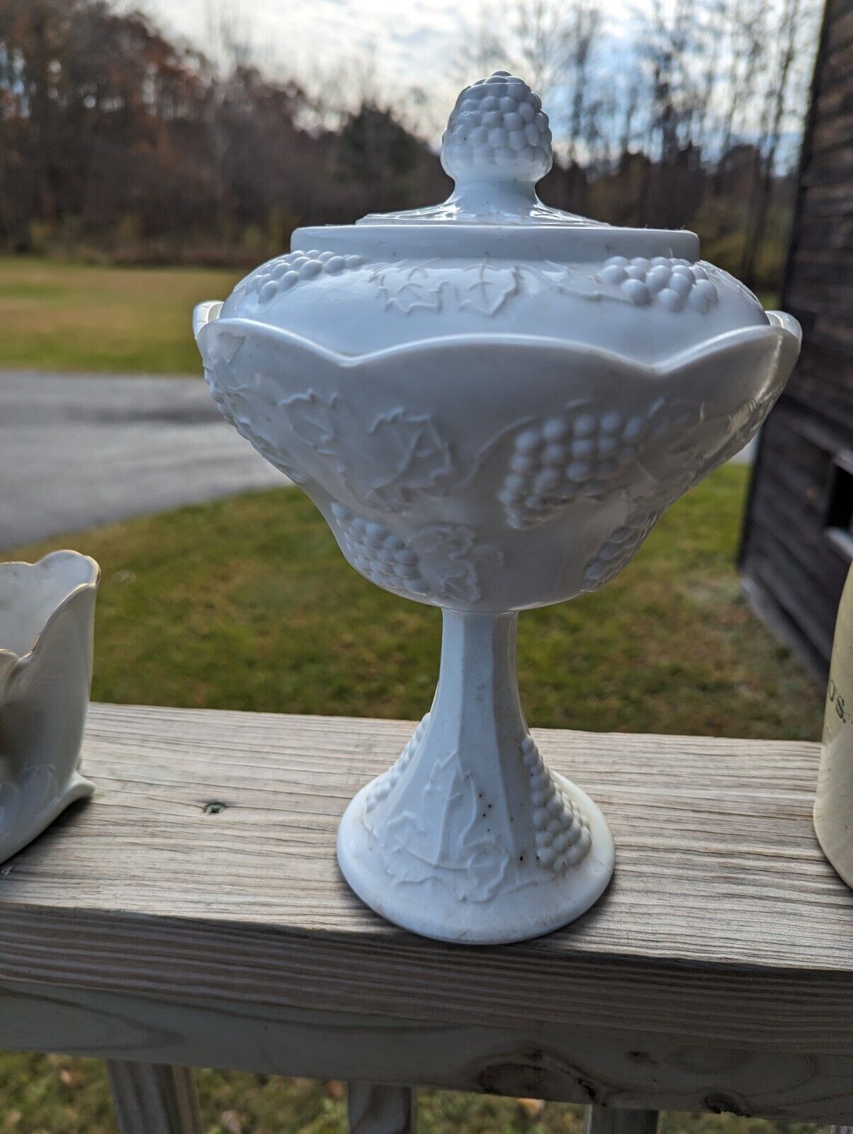 Vintage Indiana White Milk Glass Grape Harvest Pedestal Covered Candy Dish & Lid