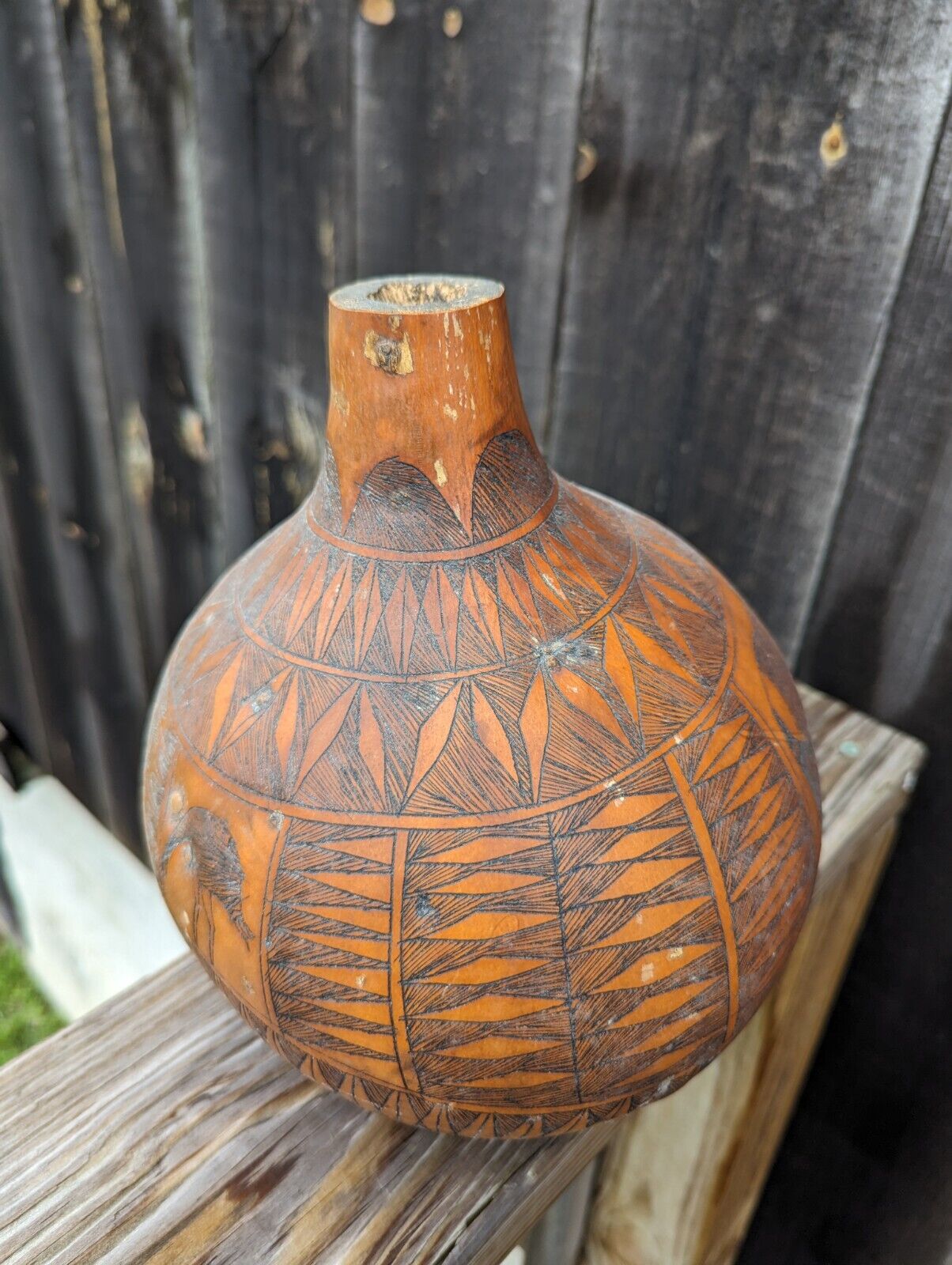 African Gourd Hand Carved  Folk Art About 10" Elephants & Rhinos Made in Kenya