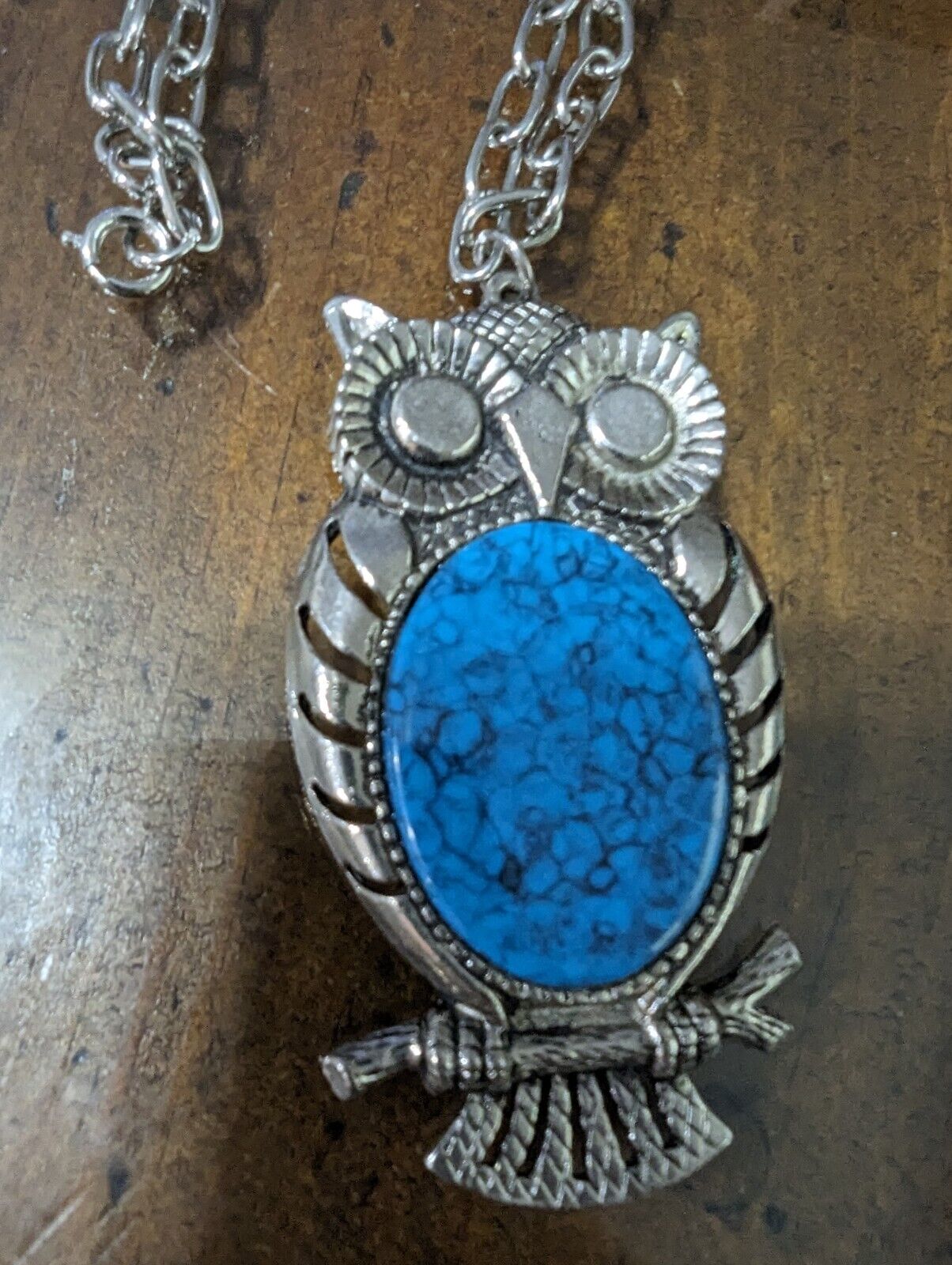 Vintage Large Statement 3.25" Wise Owl Faux Turquoise Chunky Pendant 23"Necklace