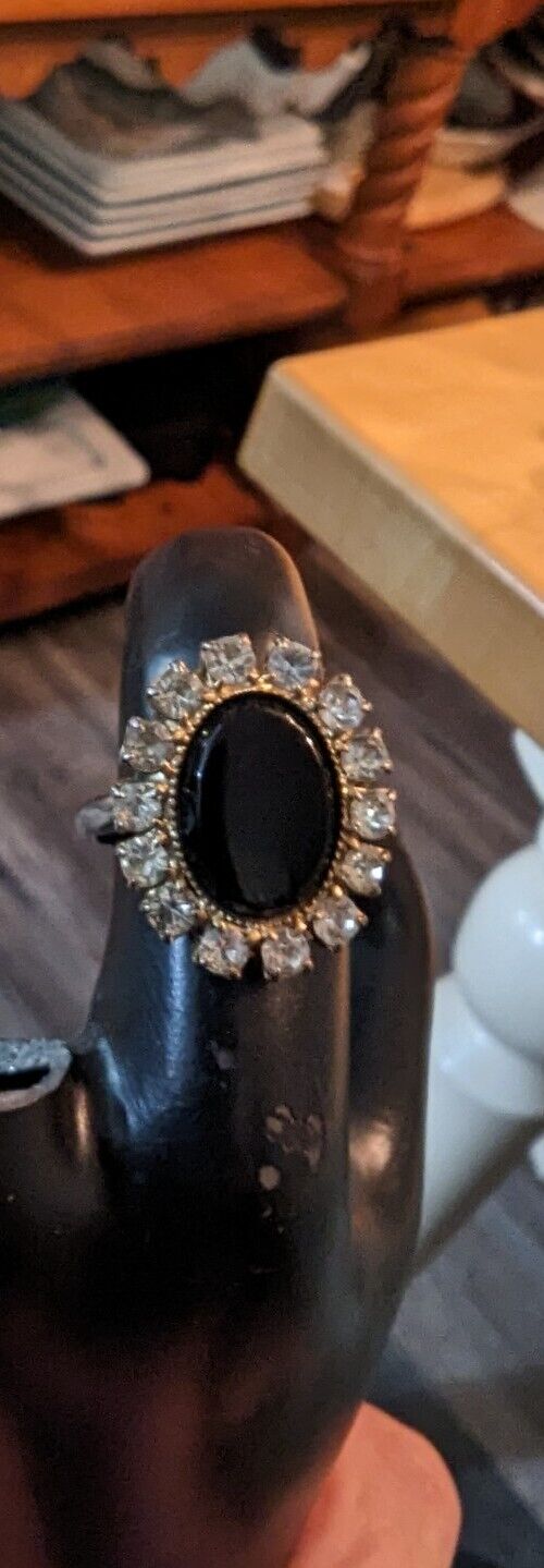 Vintage Domed Black Onix With Rhinestones Ring Size 8 Adjustable