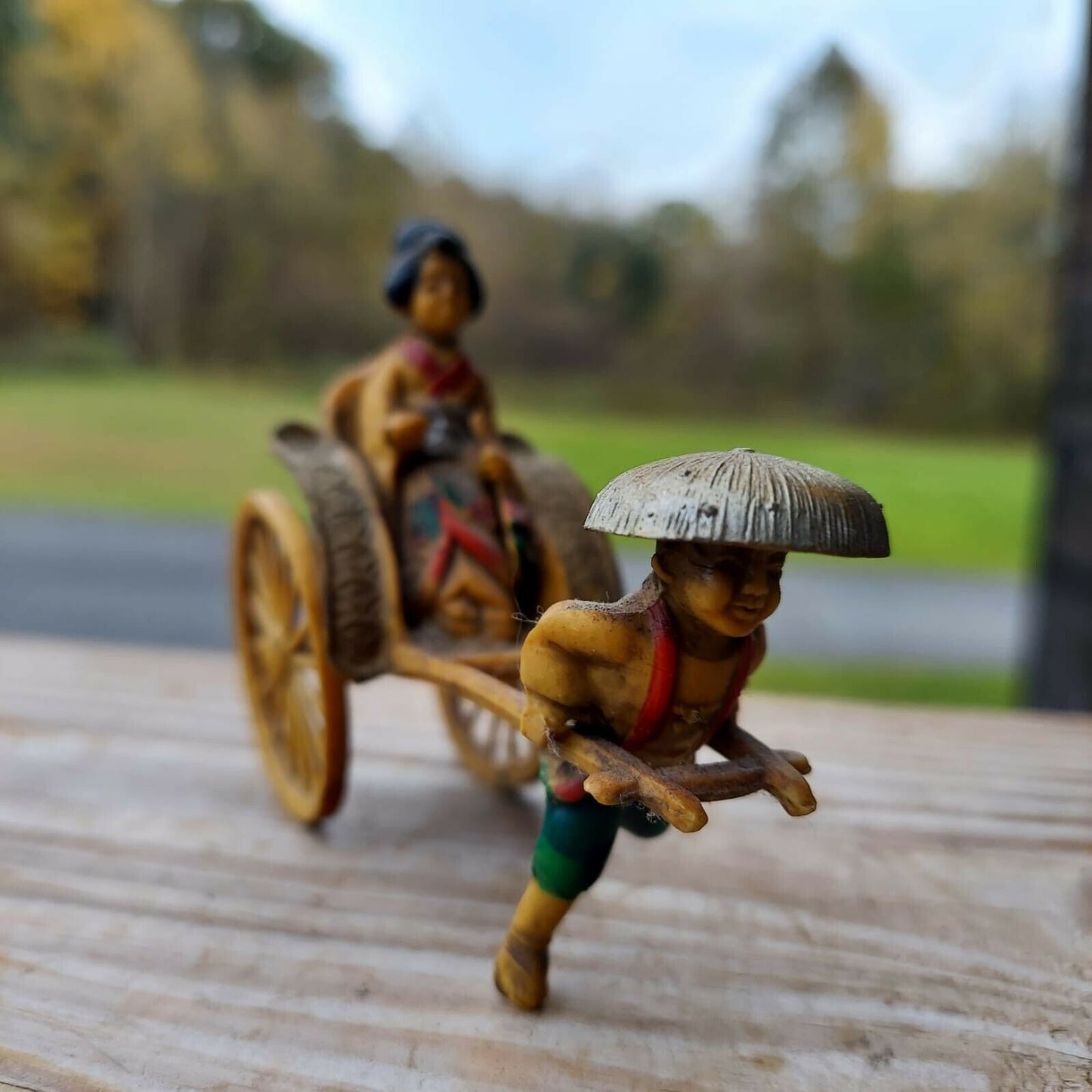 Vintage Asian Celluloid Man Pulling Rickshaw Figurine