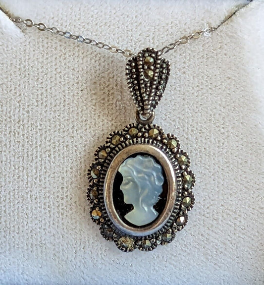 925 Sterling Vintage Onyx Marcasite Gem MOP Cameo Victorian Lady Pendant