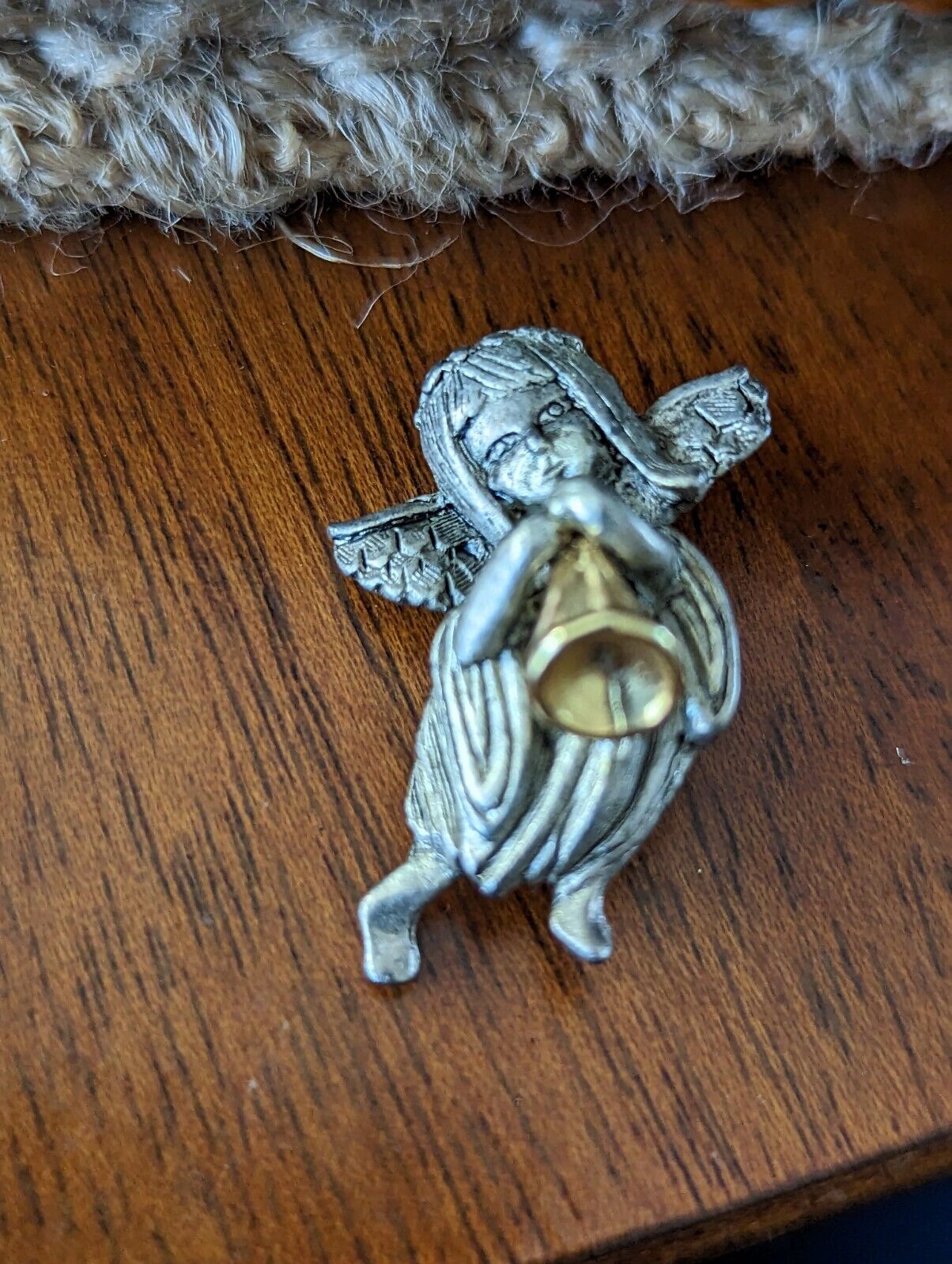 Vintage Pewter Guardian Angel With Golden Flute Brooch Signed DMO