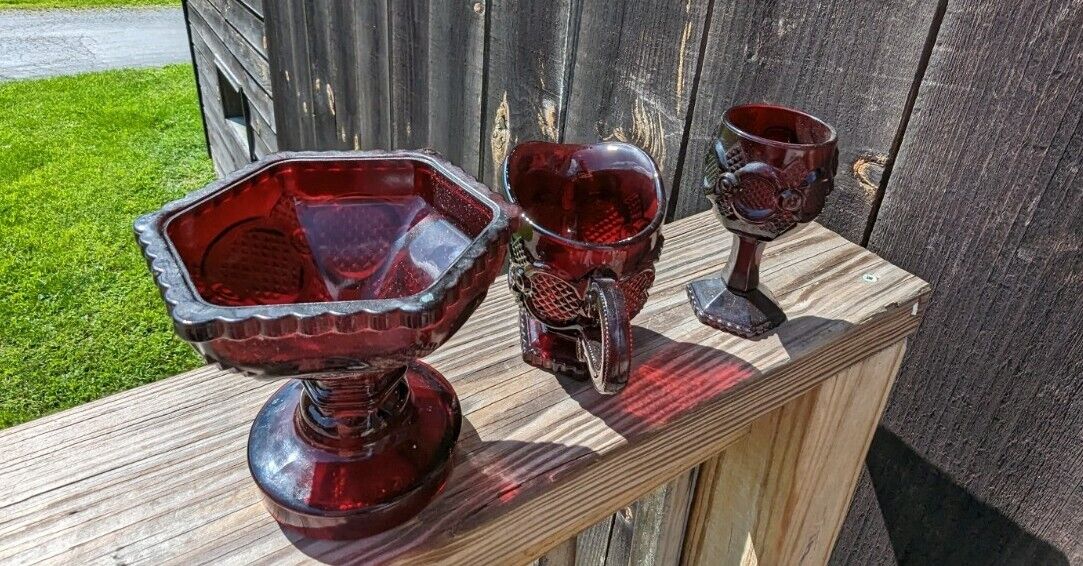 Three Avon Ruby Red Glass Ware Lot