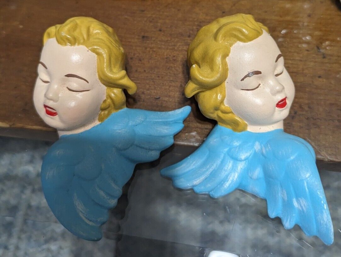 2 Vintage 50s Angel Cherub Heads Ceramic Figurines 3” Tall Hand Painted