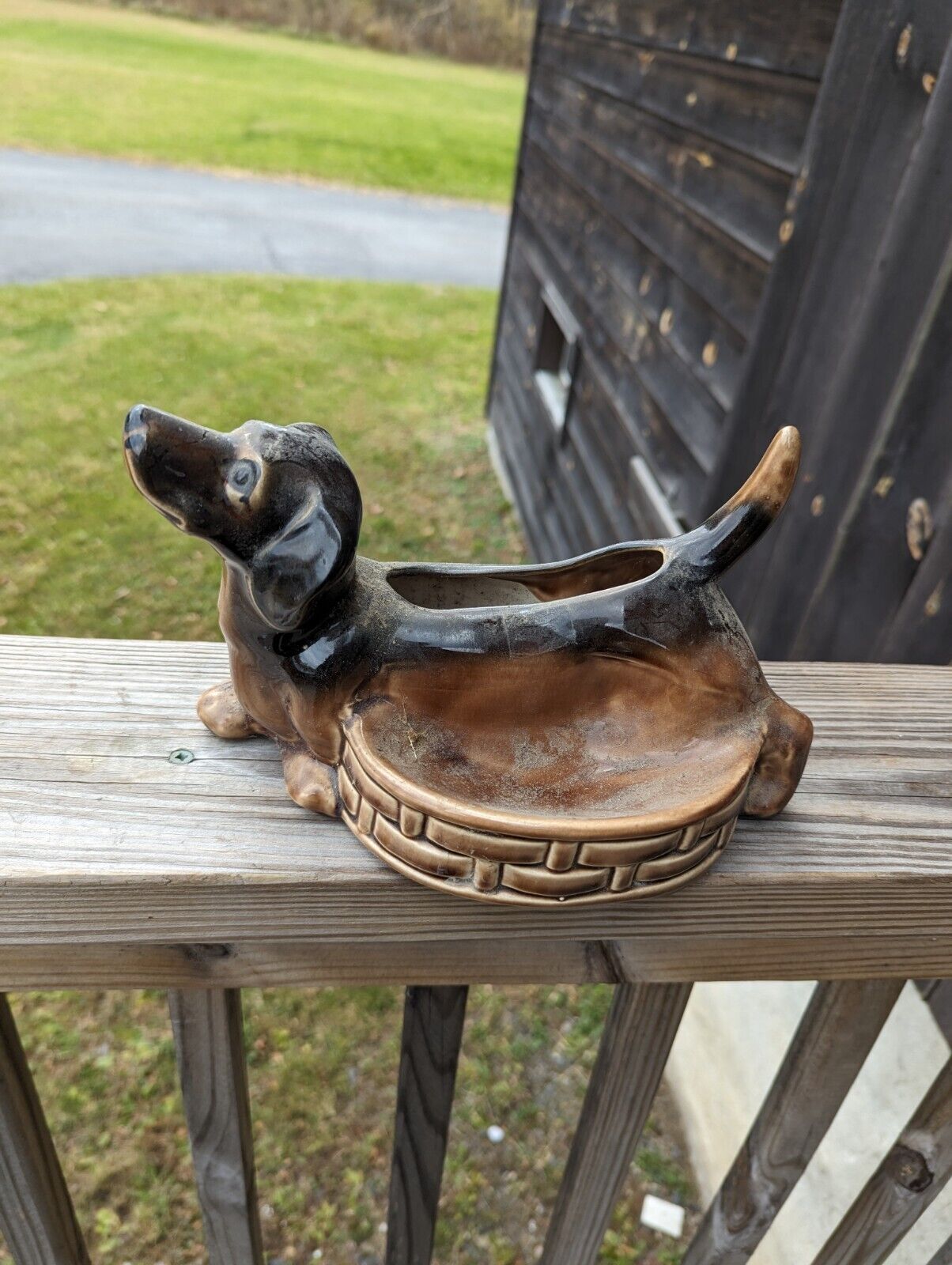 Vintage MCM 50s 10 Inch Dachshund Ceramic Planter Trinket Dish Weiner Dog