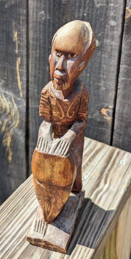 Vintage Hand Carved Wood Man On Drums African Tribal Folk Art Statues Figurine