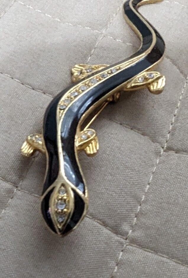 Gold Tone Black Enamel Crystal Rhinestone Salamander Brooch Pin 2.65 In.