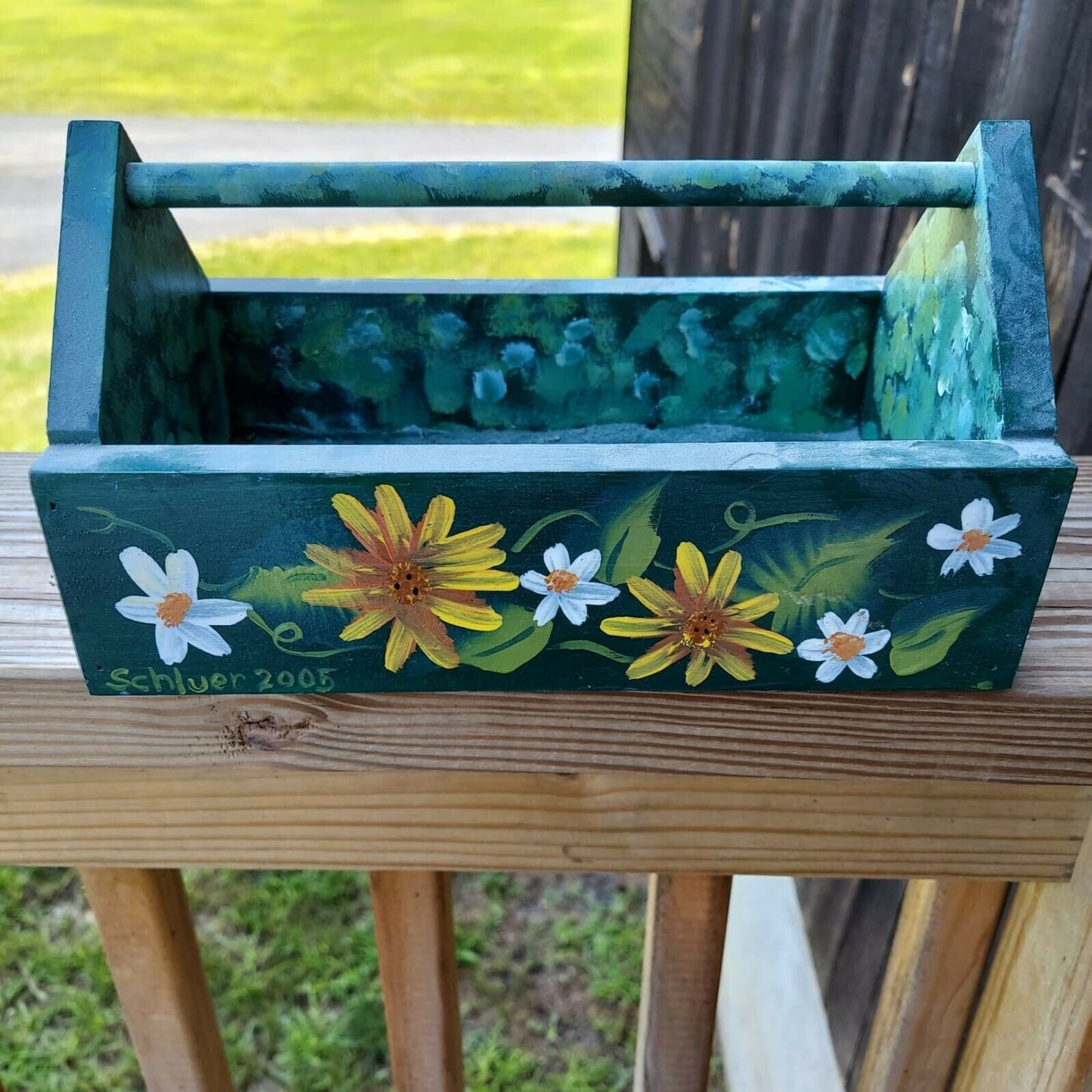 Signed Schluer 2005 Hand Painted Wood Planter