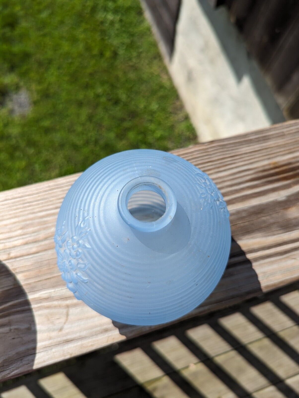 Two Avon Blue & White Frosted  Round  Bud Vases with Embossed Flower Design