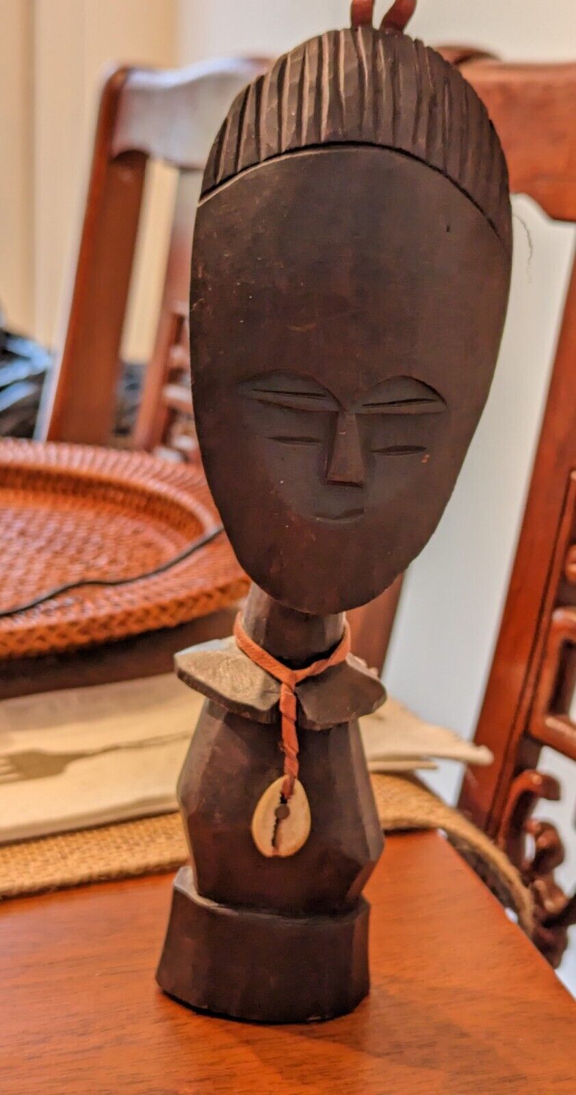 Vintage hand carved African Ashanti wooden figure puka shell leather hang strap