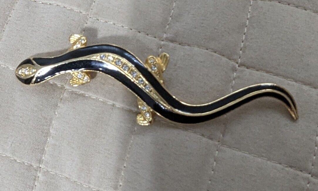 Gold Tone Black Enamel Crystal Rhinestone Salamander Brooch Pin 2.65 In.