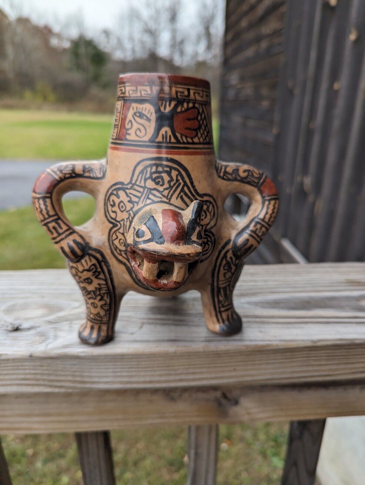 Vintage Jaguar Shaker Clay Hand Painted Folk Art Primitive Pottery - Rattle